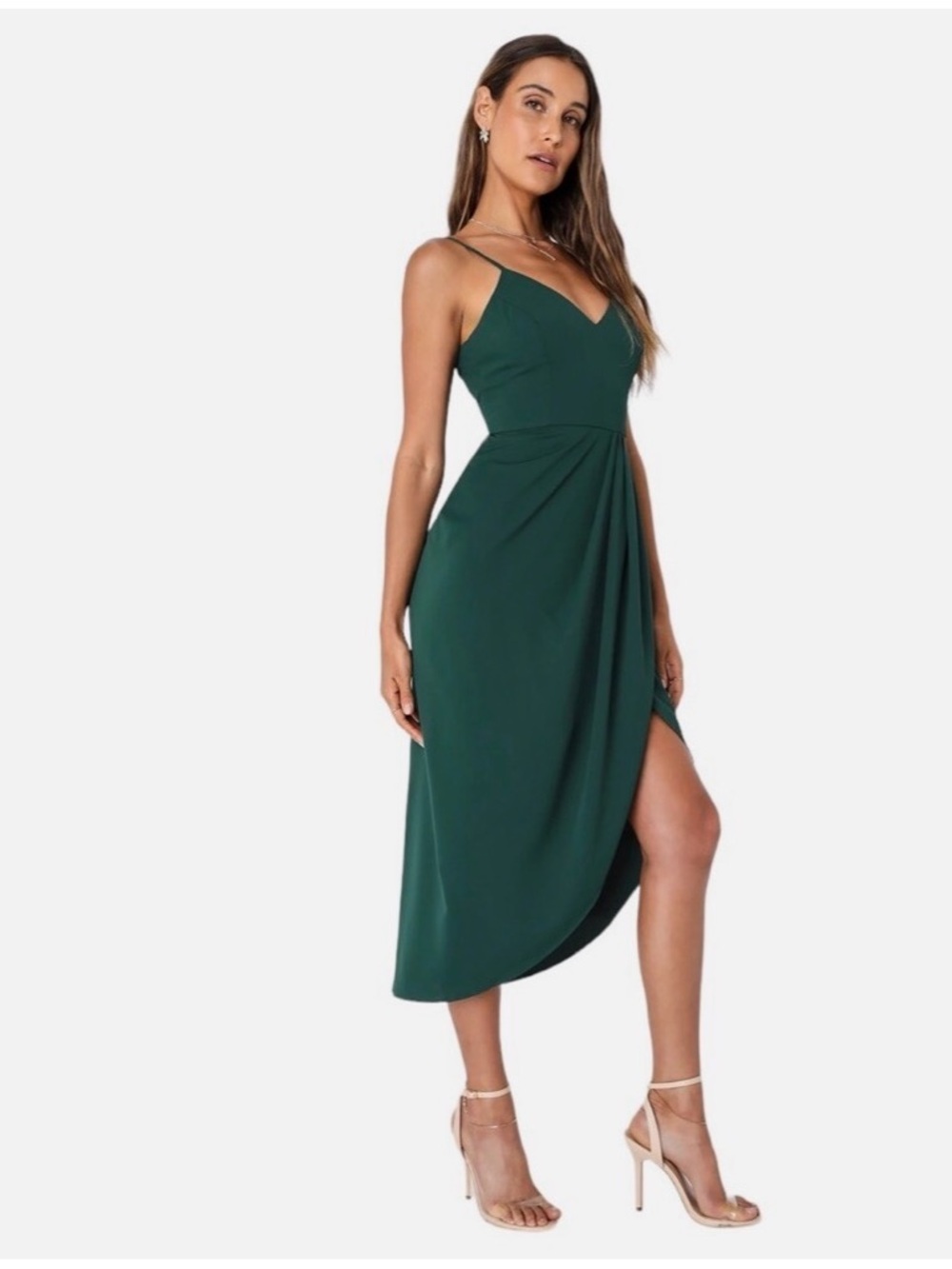 Lulu's Deep Green Midi Dress with Spaghetti Straps